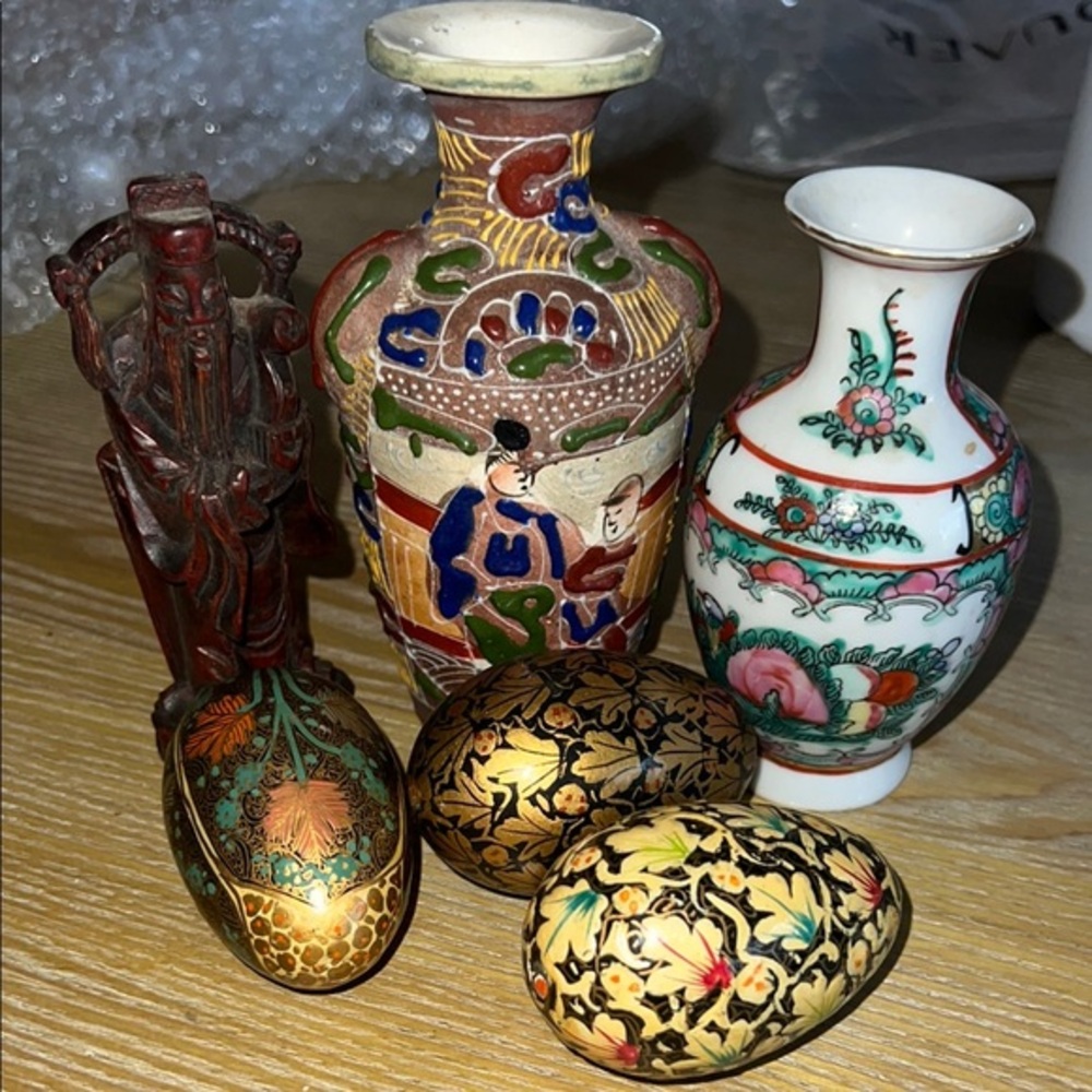 Antique Asian-Inspired Decor Bundle | Hand-Painted Porcelain & Carvings